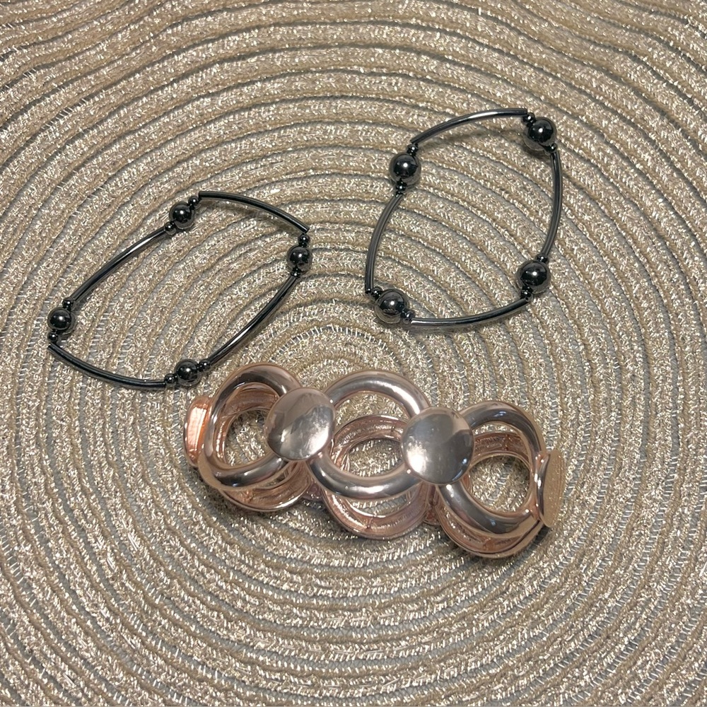 Rose Gold & Gun Metal Color Stretchy Chic 3 Bracelets Stackable Stylish Baddie - Picture 3 of 4